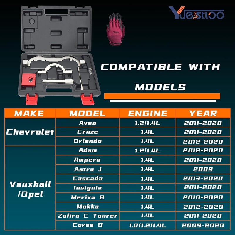 Yuesstloo Turbo Engine Timing Tool Kit for Vauxhall Opel Chevy Chevrolet Aveo Cruze Orlando Adam Ampera Astra J Cascada 1.0 1.2 1.4 L, Camshaft Holding Locking Tool Set with Gloves - Image 2